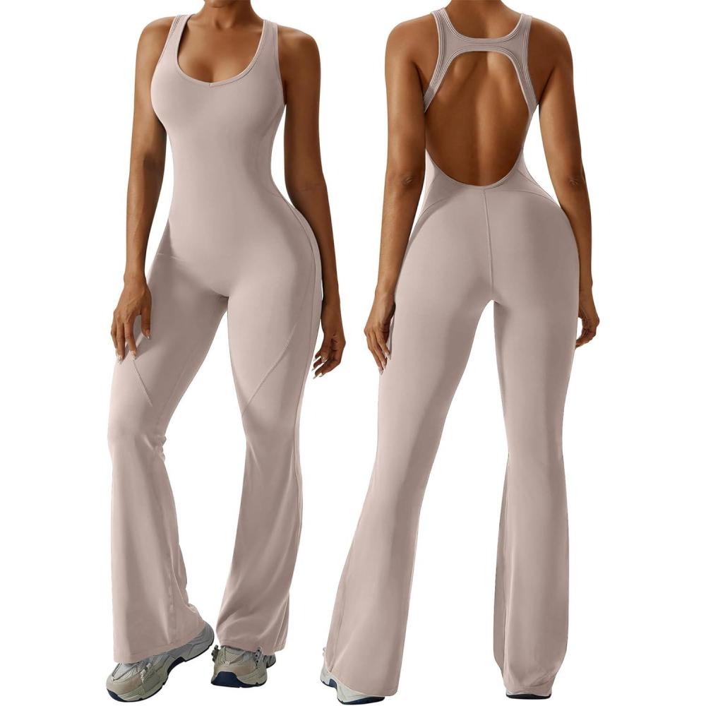 imageOEAK Womens Flare Jumpsuit with Bra Tummy Control Cutout Romper Workout Outfit Sleeveless Unitard One Piece Backless BodysuitKhaki