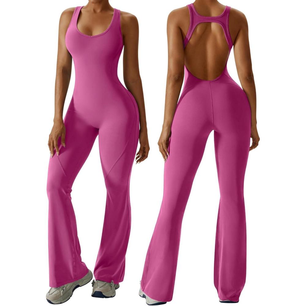 imageOEAK Womens Flare Jumpsuit with Bra Tummy Control Cutout Romper Workout Outfit Sleeveless Unitard One Piece Backless BodysuitRose