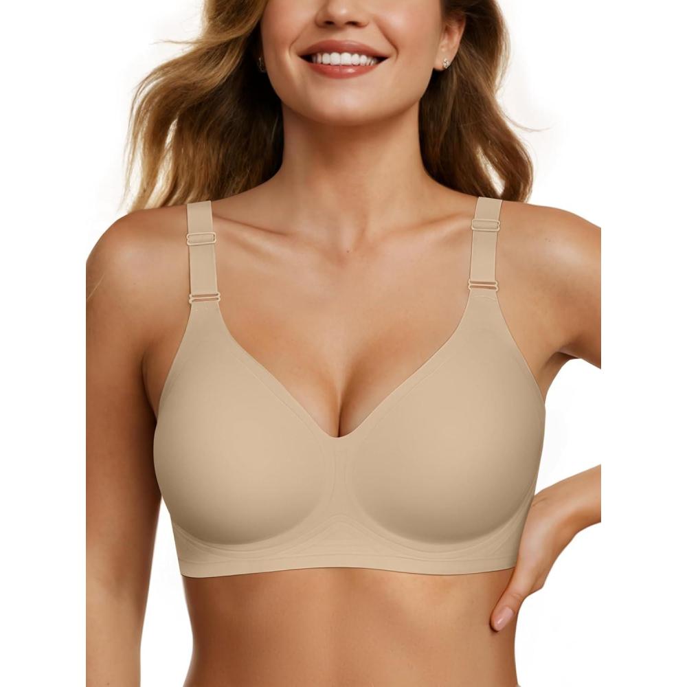 imageOEAK Womens Seamless Bras Comfortable Bra No Underwire Full Support Bralette Push Up Plus Size V Neck Sleeping Tshirt BrasOatmeal