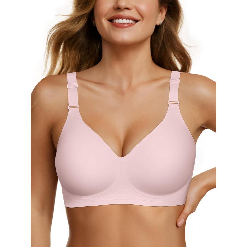 imageOEAK Womens Seamless Bras Comfortable Bra No Underwire Full Support Bralette Push Up Plus Size V Neck Sleeping Tshirt BrasPink