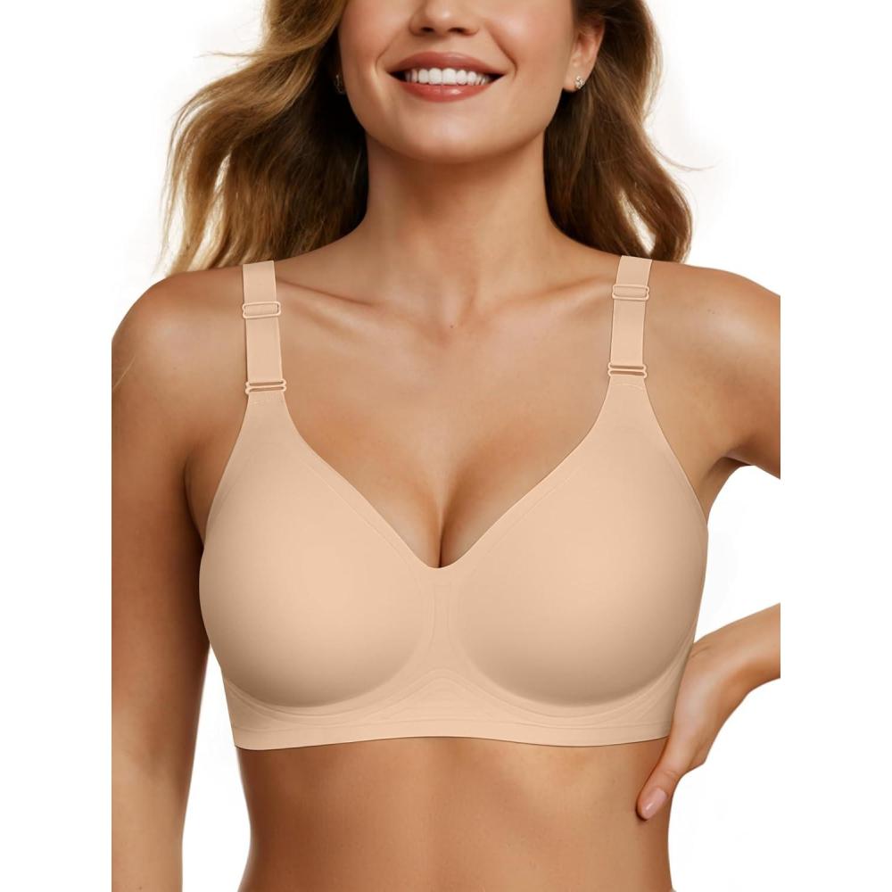 imageOEAK Womens Seamless Bras Comfortable Bra No Underwire Full Support Bralette Push Up Plus Size V Neck Sleeping Tshirt BrasSkin Nude