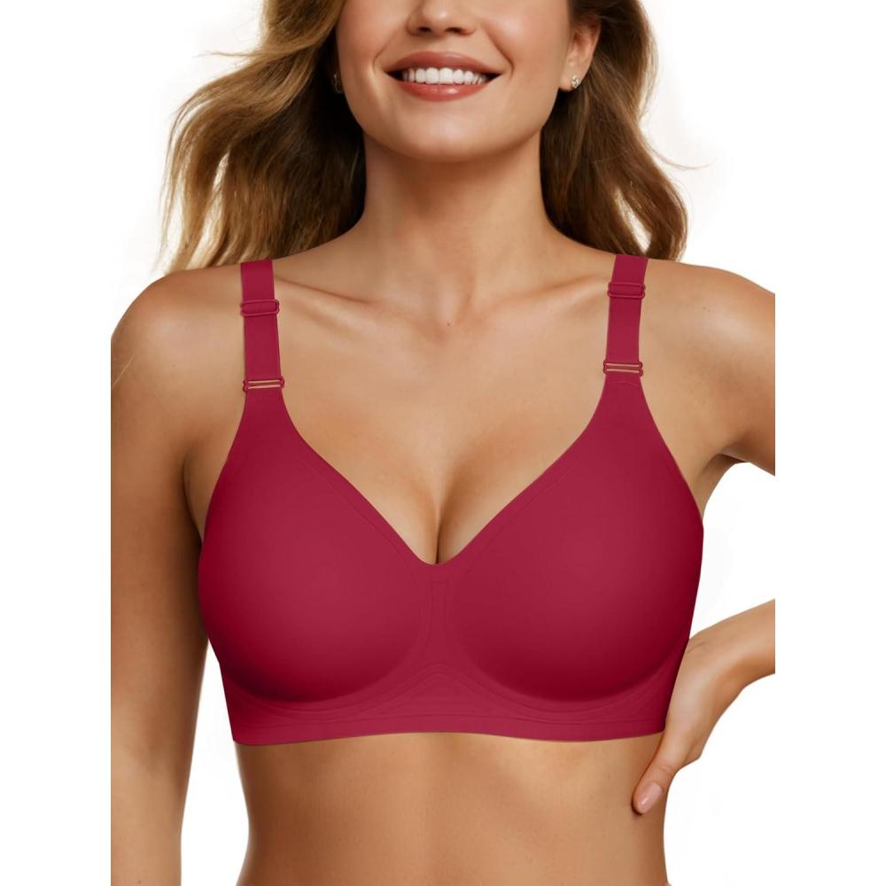 imageOEAK Womens Seamless Bras Comfortable Bra No Underwire Full Support Bralette Push Up Plus Size V Neck Sleeping Tshirt BrasWine Red