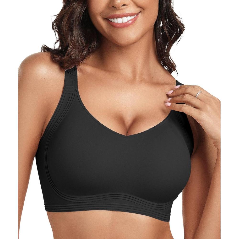 imageOEAK Womens Seamless Push Up Bras No Underwire Full Coverage Comfortable Bra V Neck Bralettes Wireless Everyday BraBlack