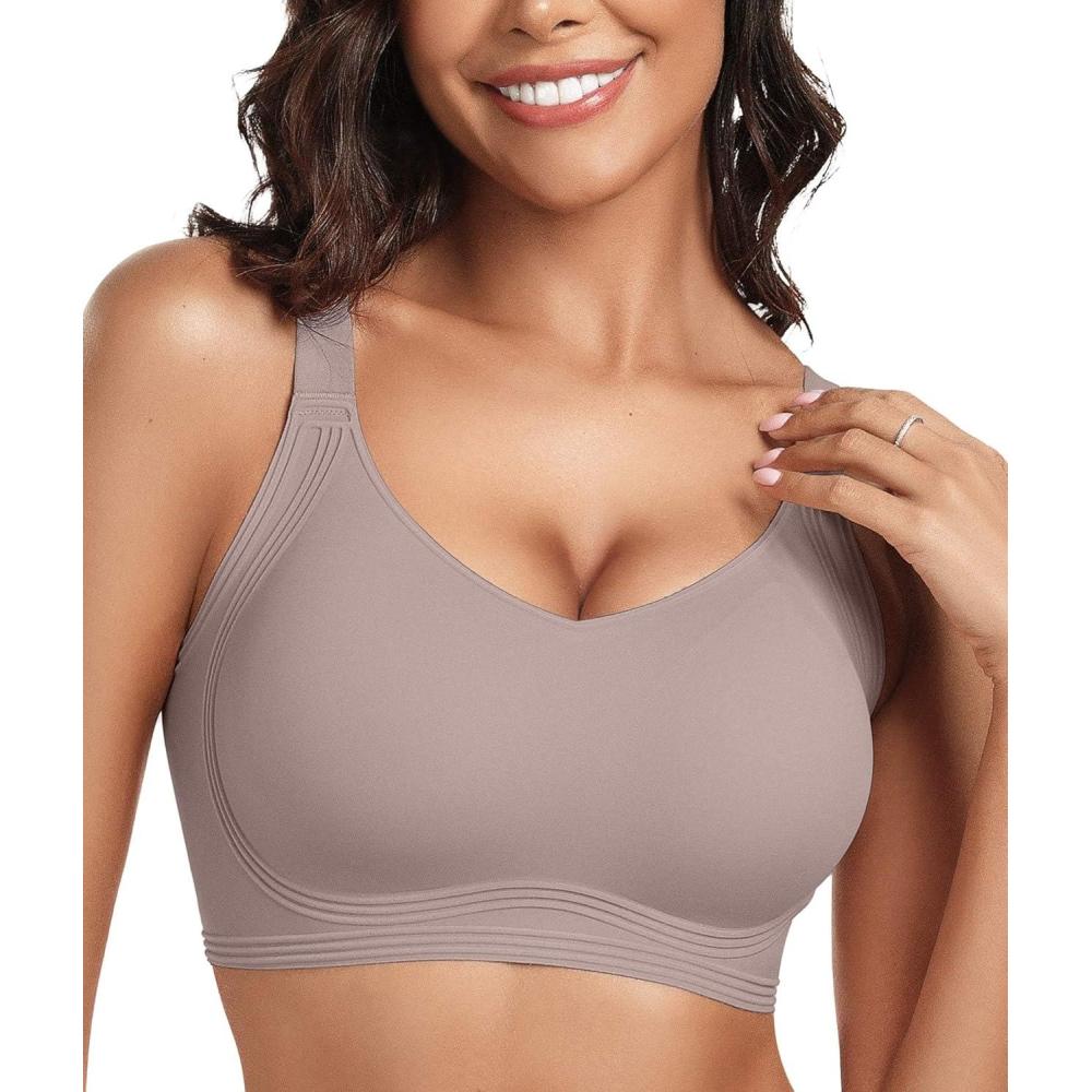 imageOEAK Womens Seamless Push Up Bras No Underwire Full Coverage Comfortable Bra V Neck Bralettes Wireless Everyday BraGrey