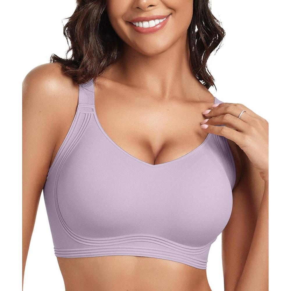 imageOEAK Womens Seamless Push Up Bras No Underwire Full Coverage Comfortable Bra V Neck Bralettes Wireless Everyday BraLight Purple
