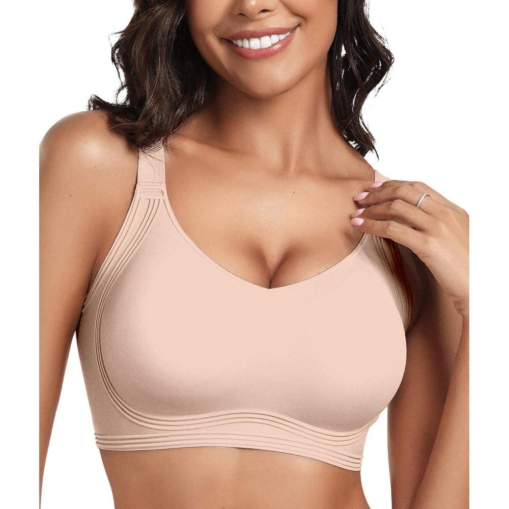 imageOEAK Womens Seamless Push Up Bras No Underwire Full Coverage Comfortable Bra V Neck Bralettes Wireless Everyday BraNude