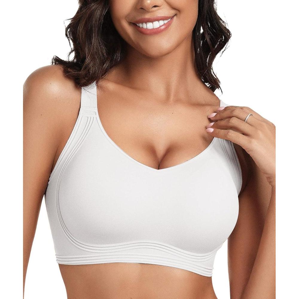 imageOEAK Womens Seamless Push Up Bras No Underwire Full Coverage Comfortable Bra V Neck Bralettes Wireless Everyday BraWhite