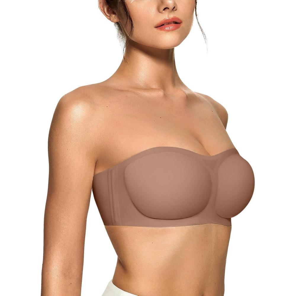 imageOEAK Womens Strapless Bras Push Up Bandeau Bra Non Slip Wireless Supportive Padded Bras Seamless Comfortable Tube Bra Coffee XL