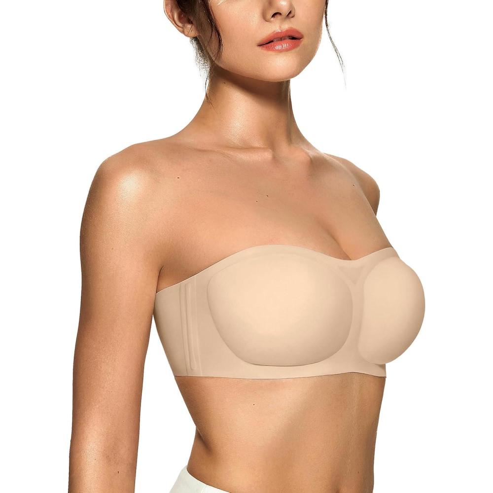 imageOEAK Womens Strapless Bras Push Up Bandeau Bra Non Slip Wireless Supportive Padded Bras Seamless Comfortable Tube BraBeige