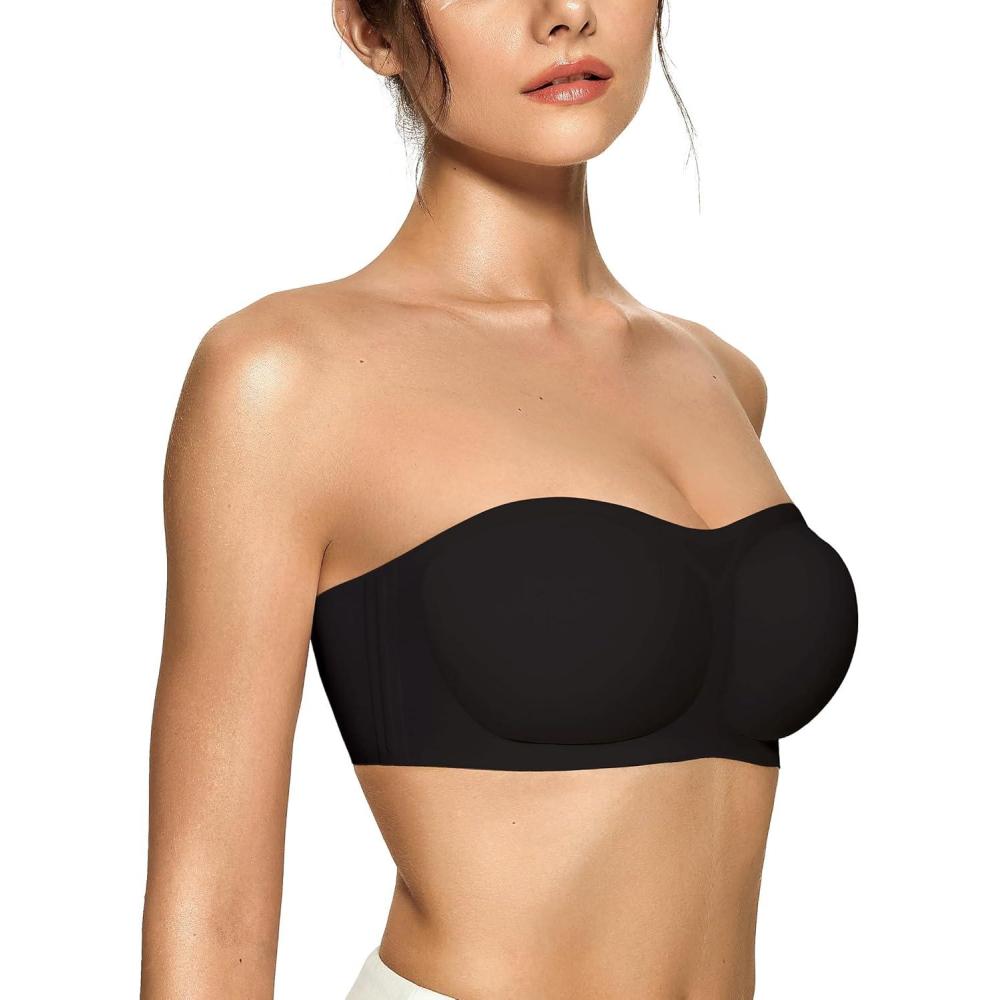 imageOEAK Womens Strapless Bras Push Up Bandeau Bra Non Slip Wireless Supportive Padded Bras Seamless Comfortable Tube BraBlack