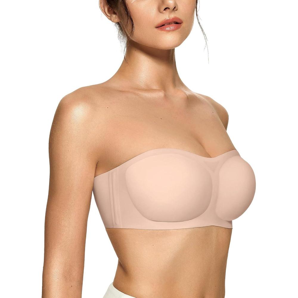 imageOEAK Womens Strapless Bras Push Up Bandeau Bra Non Slip Wireless Supportive Padded Bras Seamless Comfortable Tube BraNude