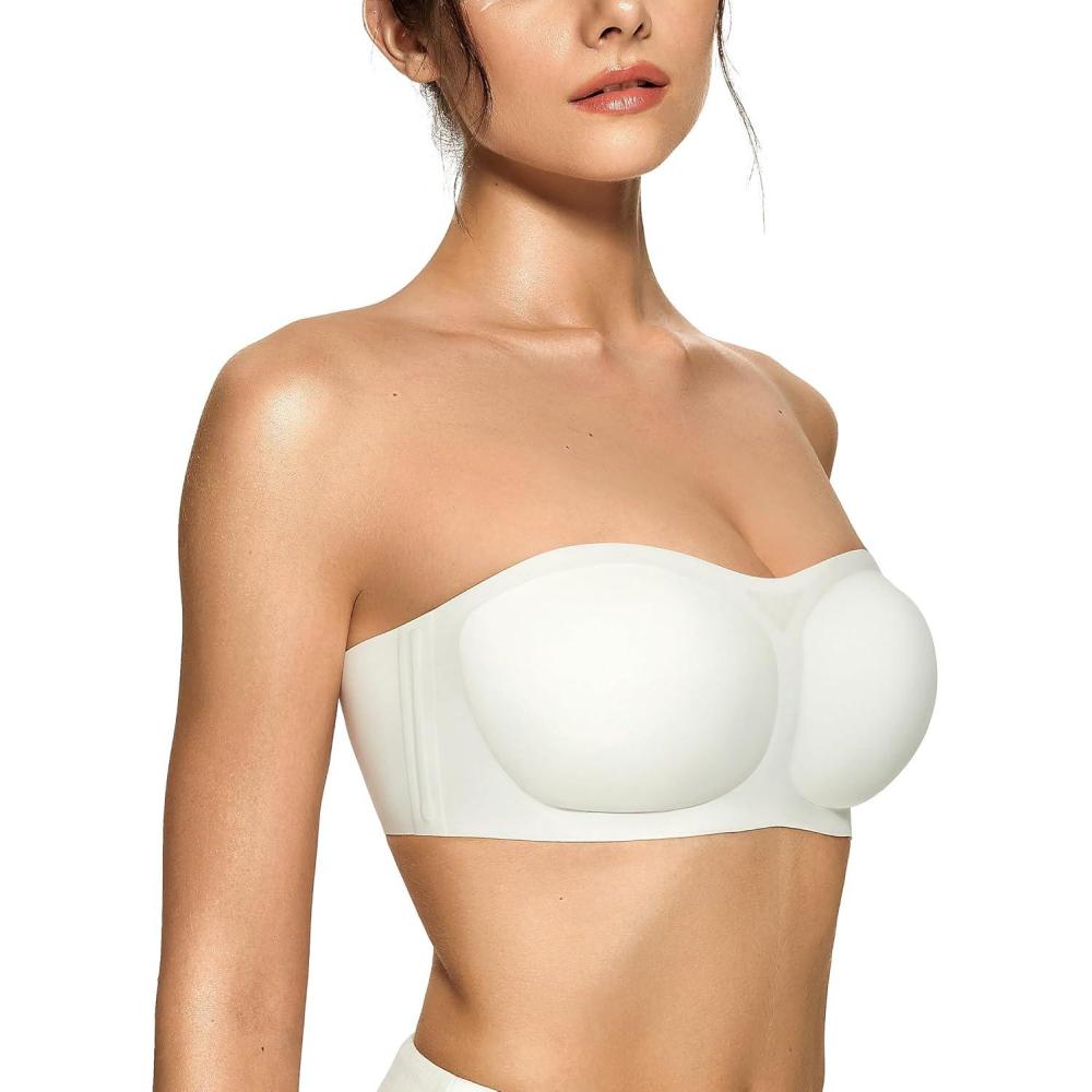 imageOEAK Womens Strapless Bras Push Up Bandeau Bra Non Slip Wireless Supportive Padded Bras Seamless Comfortable Tube BraWhite