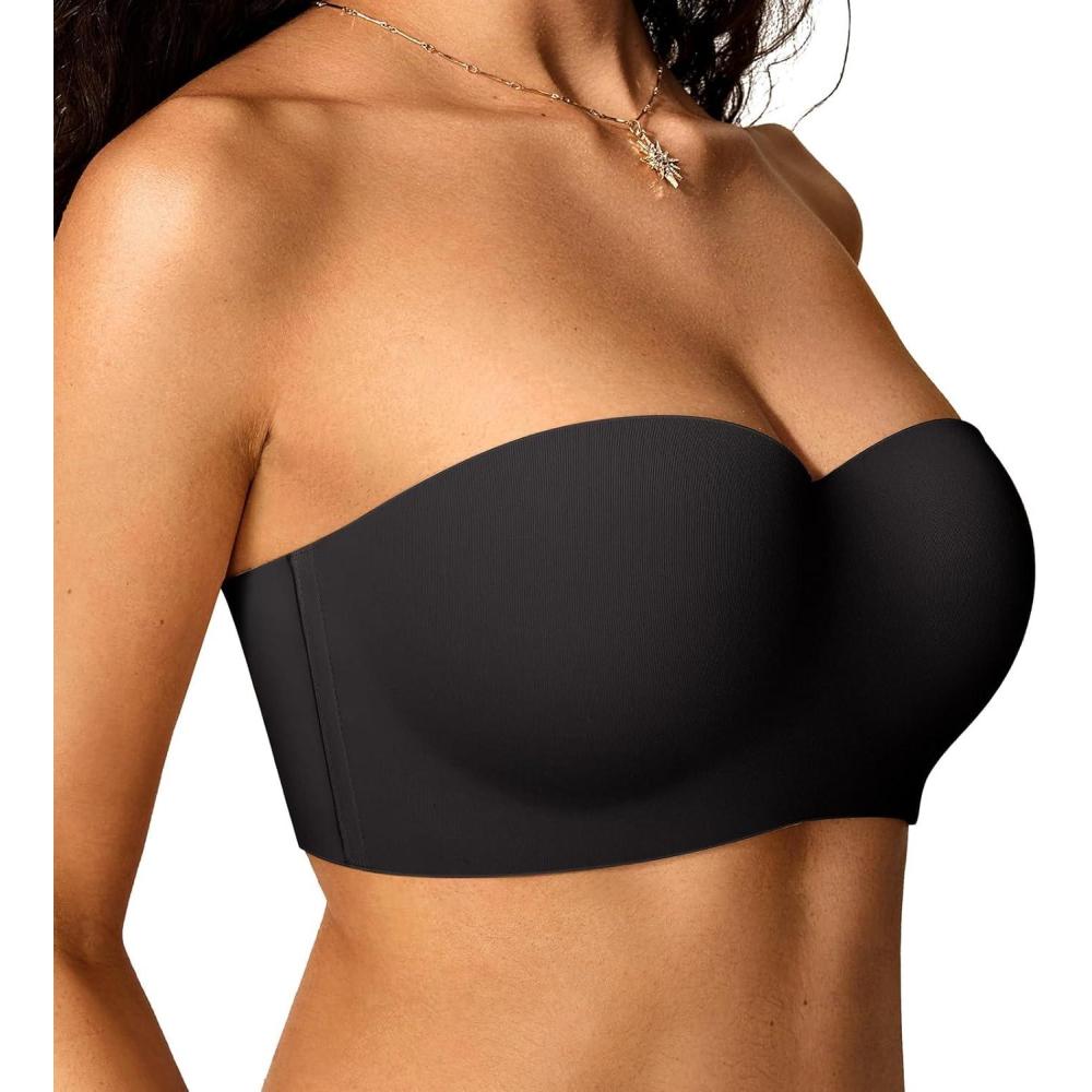 imageOEAK Womens Strapless Bras Underwire NonSlip Tube Top Push Up Bralette Seamless Padded Bandeau Bra Everyday Convertible Bra Black 38DD