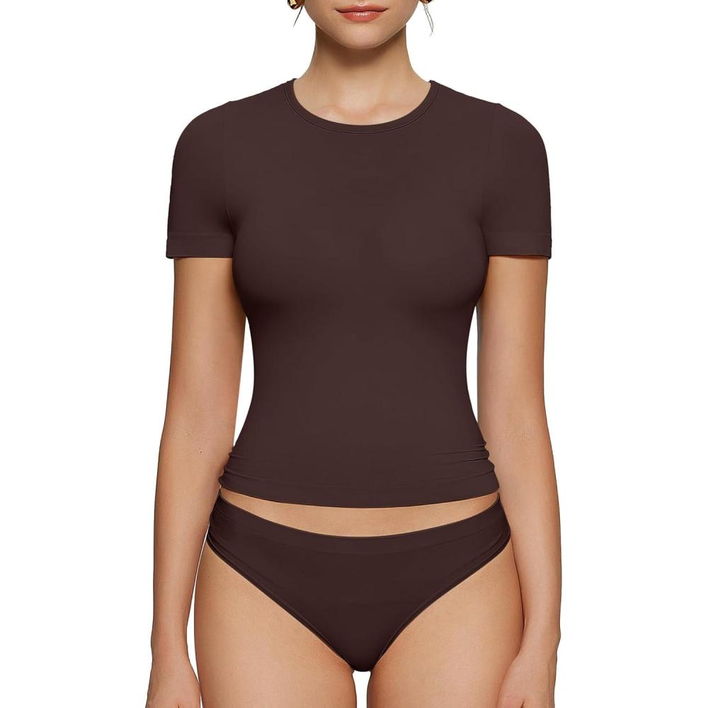 imageOEAK Womens TShirts Short Sleeve Shirts Crew Neck Basic Tees Soft Smoothing Seamless Tshirts Slim Fit Going Out Trendy TopsBrown