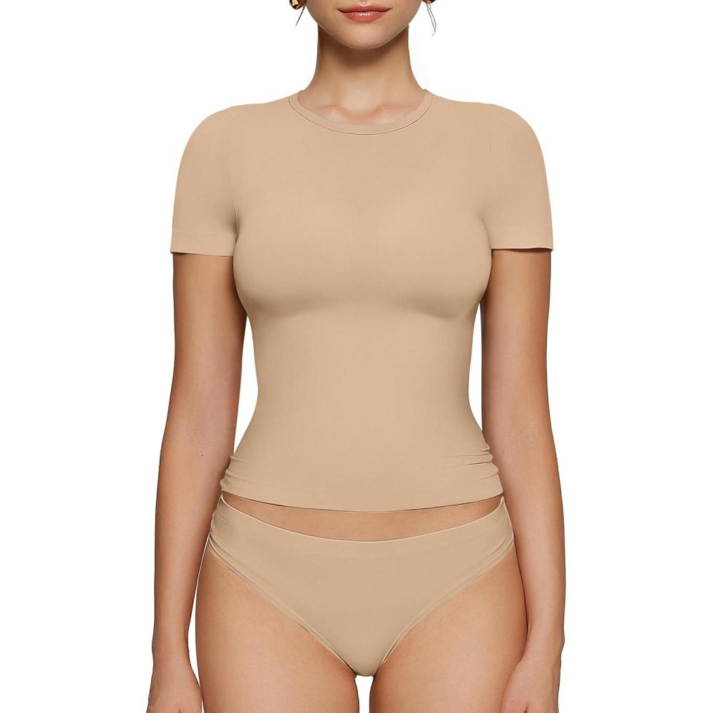 imageOEAK Womens TShirts Short Sleeve Shirts Crew Neck Basic Tees Soft Smoothing Seamless Tshirts Slim Fit Going Out Trendy TopsClay Color