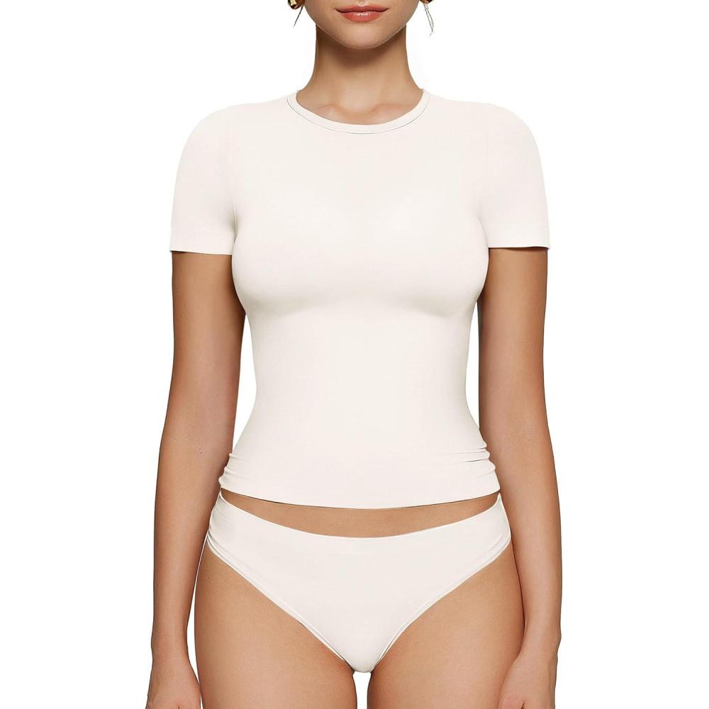 imageOEAK Womens TShirts Short Sleeve Shirts Crew Neck Basic Tees Soft Smoothing Seamless Tshirts Slim Fit Going Out Trendy TopsWhite