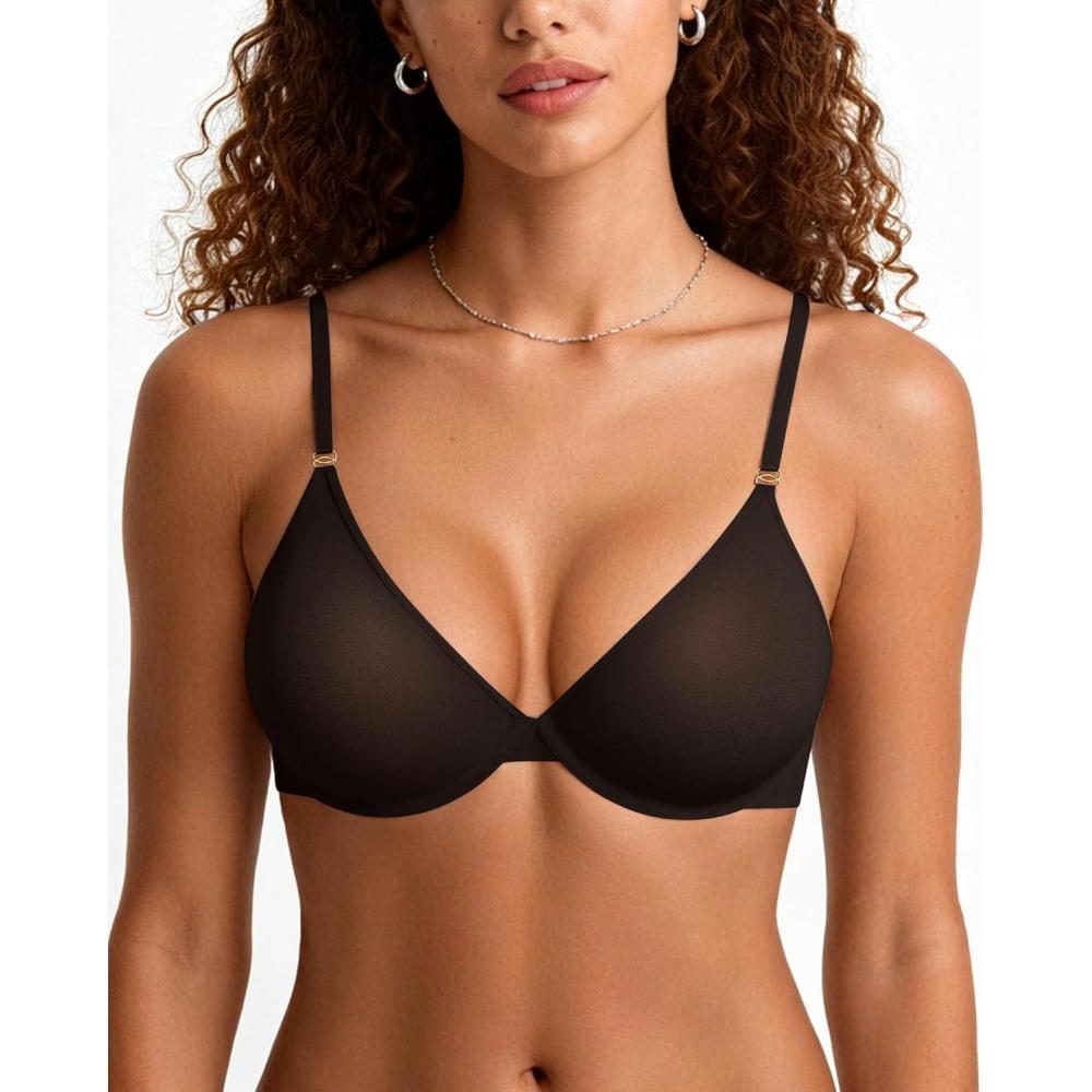 imageOEAK Womens Unlined Balconette Bra Sheer Mesh Bras Underwire Plunge Bralette See Through Demi Bra Seamless Tshirt BrasBlack