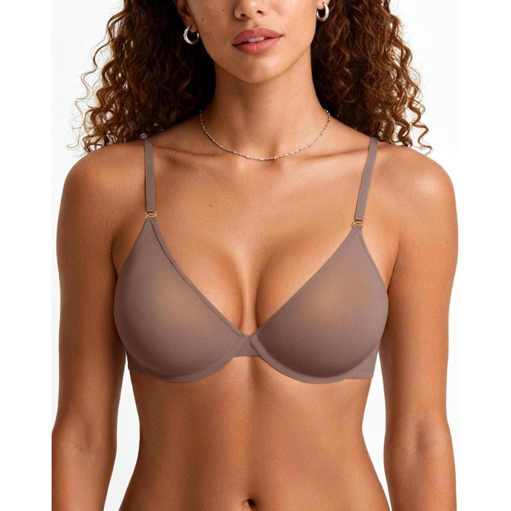 imageOEAK Womens Unlined Balconette Bra Sheer Mesh Bras Underwire Plunge Bralette See Through Demi Bra Seamless Tshirt BrasGrey Purple