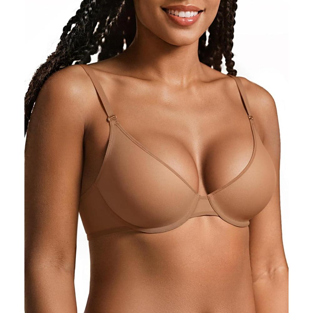 imageOEAK Womens Unlined Balconette Bra Sheer Mesh Bras Underwire Plunge Bralette See Through Demi Bra Seamless Tshirt BrasLight Coffee