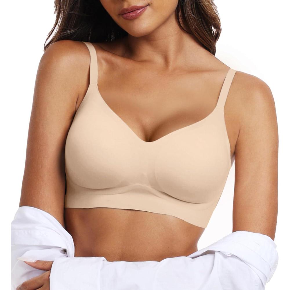 imageOEAK Womens Wireless Bras Comfortable Push Up Bra No Underwire Bra Full Support Lift Bralette Everyday Seamless Tshirt BrasBeige