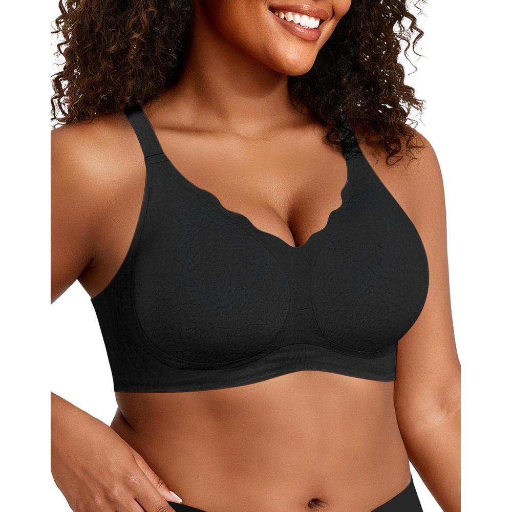 imageOEAK Womens Wireless Bras Push Up Support Full Coverage Bralettes No Underwire Bra Comfortable Everyday Seamless Tshirt BrasBlack With Jcquard Wave