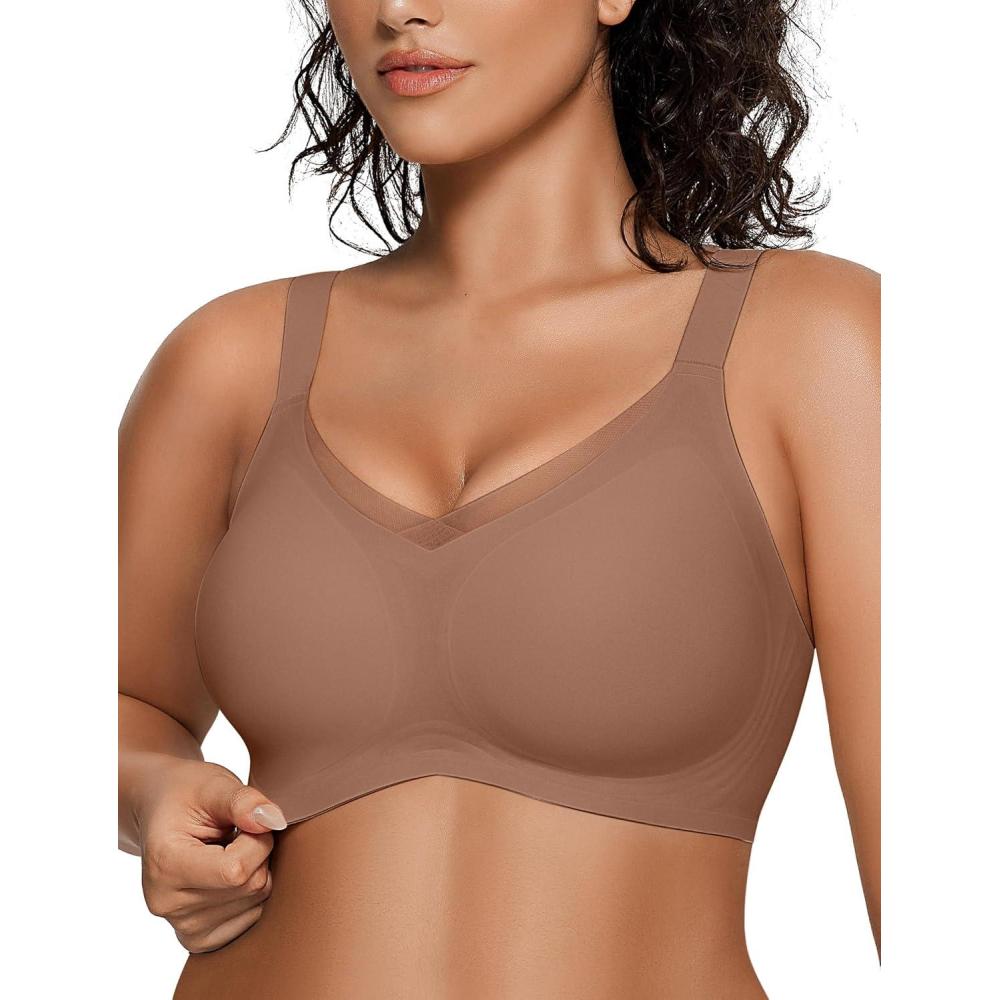 imageOEAK Womens Wireless Bras V Mesh Comfortable Bralette Supportive Tshirt Bra No Underwire Seamless Push Up Everyday BrasKhaki