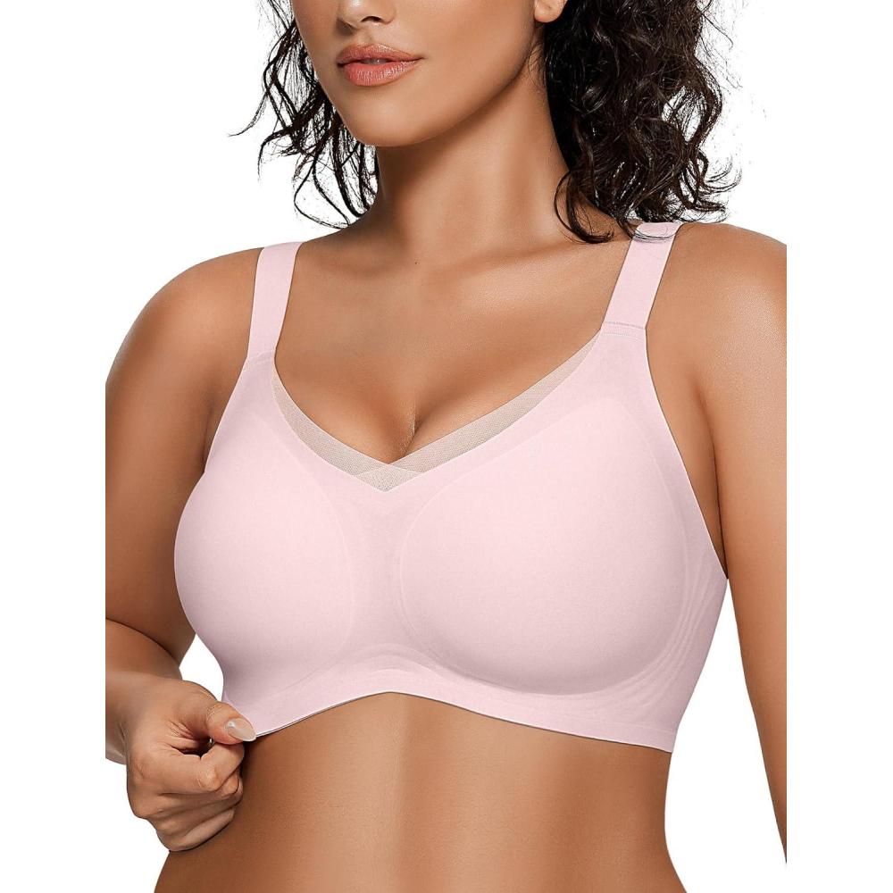 imageOEAK Womens Wireless Bras V Mesh Comfortable Bralette Supportive Tshirt Bra No Underwire Seamless Push Up Everyday BrasPink