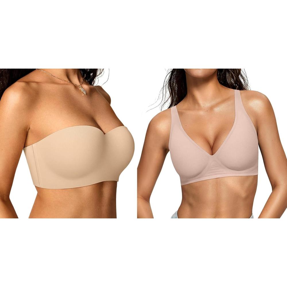 imageOEAK Womens Wireless Deep V Bras Nude 3XLStrapless Bras Underwire NonSlip Tube Top Bra Nude 40DD