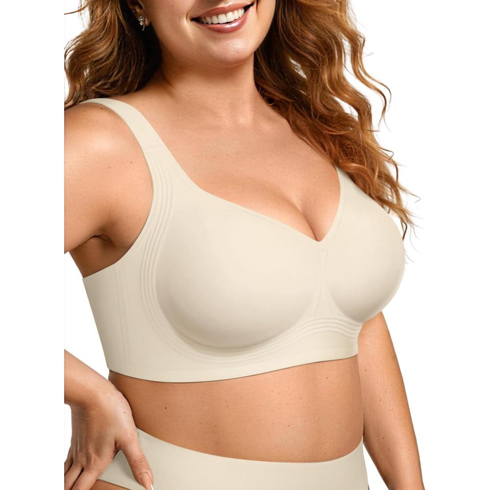 imageOEAK Womens Wireless Jelly Bra Plus Size Supportive Seamless Bras Full Coverage Push Up Comfortable No Underwire Tshirt BrasBeige