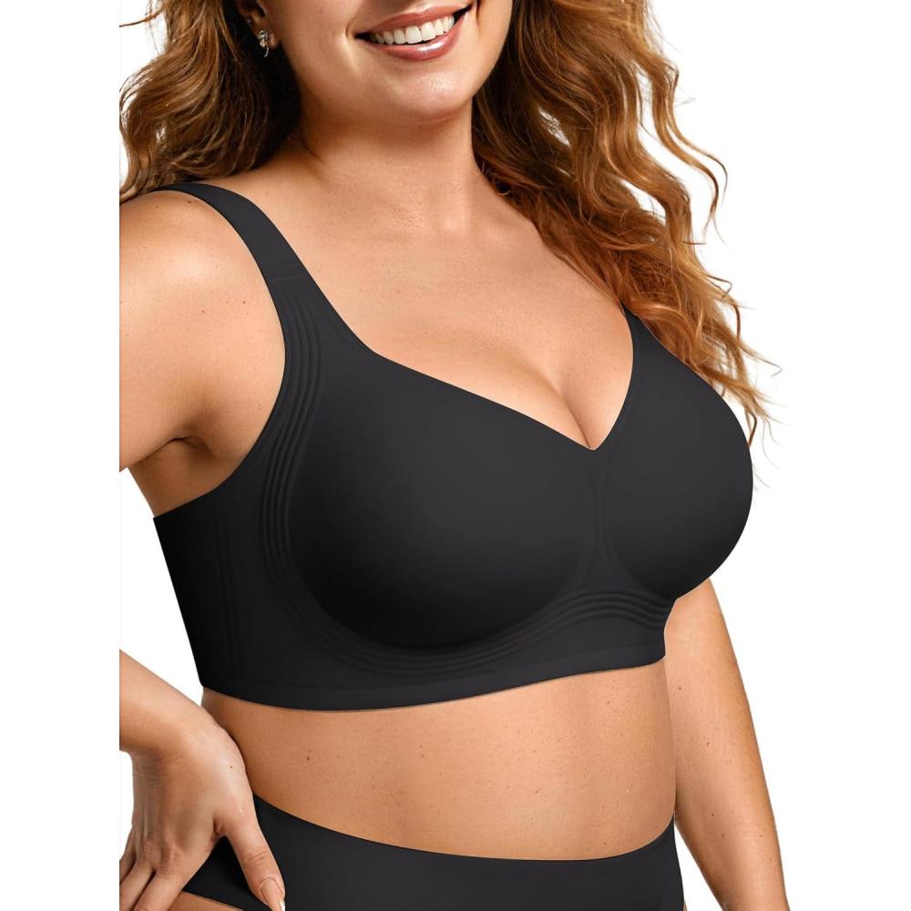 imageOEAK Womens Wireless Jelly Bra Plus Size Supportive Seamless Bras Full Coverage Push Up Comfortable No Underwire Tshirt BrasBlack
