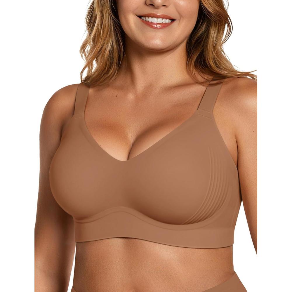 imageOEAK Womens Wireless Seamless Bras Full Coverage Supportive Lounge Bra Push Up Plus Size Everyday Bra Comfortable Tshirt BrasBrown