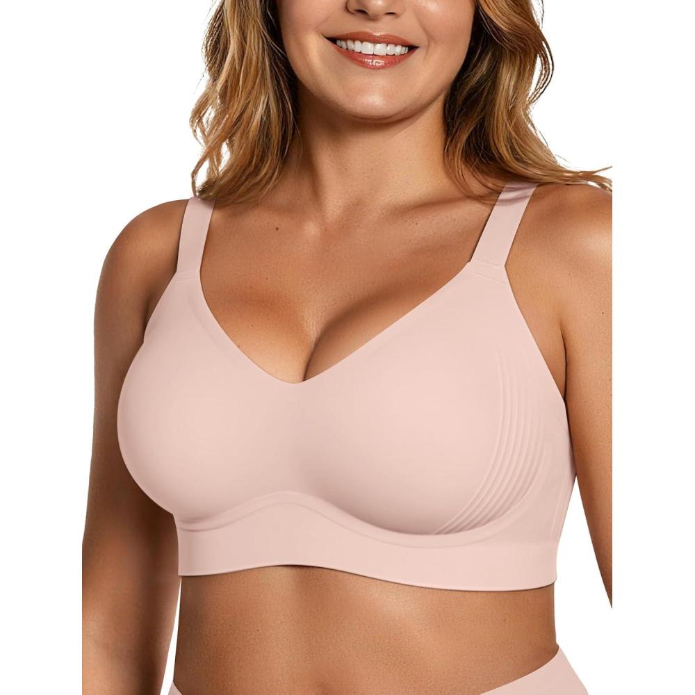 imageOEAK Womens Wireless Seamless Bras Full Coverage Supportive Lounge Bra Push Up Plus Size Everyday Bra Comfortable Tshirt BrasPink