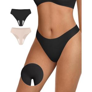 OEAK Seamless Thongs for Women Invisible Thongs No Show Thong Panty Liners Tangas Comfortable Workout G-Strings Underwear(Black+cream)