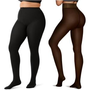 OEAK Thermal Warm Thick Opaque Pantyhose Black XL-2XL+Fleece Lined Tights Sheer Fake Translucent Black 2XL 200g