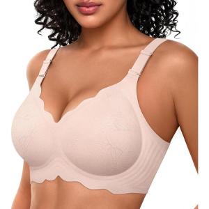 OEAK Women Bras No Underwire Scalloped Push Up Buttery Soft Tshirt Bra Seamless Full Coverage Convertible Everyday Bra(Jacquard Pink)