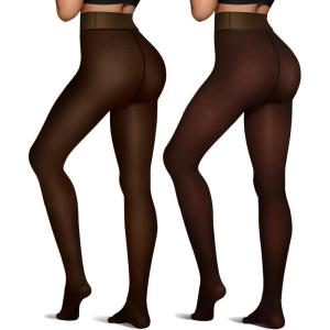 OEAK Womens 2 Pairs Fleece Lined Tights Leggings Sheer Fake Translucent Pantyhose Thermal High Waisted Footed Opaque Tights(Black + Brown)