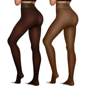 OEAK Womens 2 Pairs Fleece Lined Tights Leggings Sheer Fake Translucent Pantyhose Thermal High Waisted Footed Opaque Tights(Brown + Coffee)