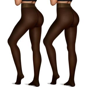 OEAK Womens 2 Pairs Fleece Lined Tights Leggings Sheer Fake Translucent Pantyhose Tights Thermal High Waisted Footed Leggings Black 300g S/M