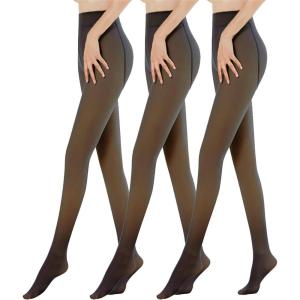OEAK Womens 3 Pack Fleece Lined Tights Fake Translucent Pantyhose Thermal Opaque High Waist Legging Pants Footed Sheer Tights(Fake Translucent Black)
