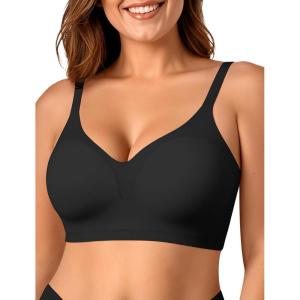 OEAK Womens Comfortable Bra Push Up Bras Wireless Support Lift Brassiere V Neck Full Coverage Everyday Seamless Tshirt Bras(Black)