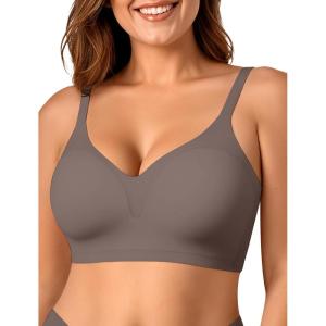 OEAK Womens Comfortable Bra Push Up Bras Wireless Support Lift Brassiere V Neck Full Coverage Everyday Seamless Tshirt Bras(Grey)