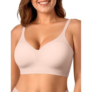 OEAK Womens Comfortable Bra Push Up Bras Wireless Support Lift Brassiere V Neck Full Coverage Everyday Seamless Tshirt Bras(Nude)