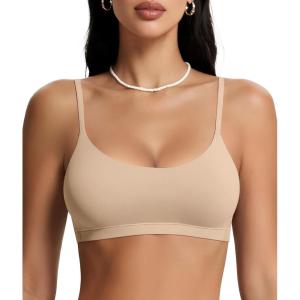OEAK Womens Comfortable Bras No Underwire Cami Bra Seamless Unlined Bralettes Scoop Neck Unpadded Everyday Sports Tshirt Bra(Beige)