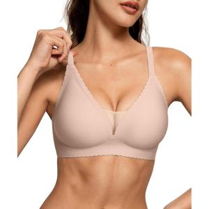 OEAK Womens Comfortable Bras Wireless Bras Push Up Bralettes Scalloped Mesh Bras Seamless Tshirts Bras Deep V Everyday Bras(Nude)