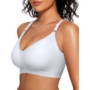OEAK Womens Comfortable Bras Wireless V Neck Bra Full Coverage Bralettes Seamless Tshirt Bras Support Bra with Extender White 3XL