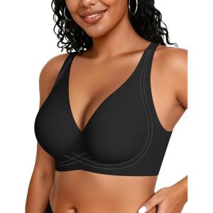 OEAK Womens Comfortable Deep V Bras Wireless Push Up Seamless Full Coverage Bralettes Supportive Bra Raceback Tshirt Bras Black,XL