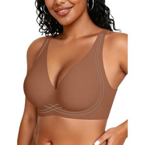 OEAK Womens Comfortable Deep V Bras Wireless Push Up Seamless Full Coverage Bralettes Supportive Bra Raceback Tshirt Bras Coffee,2XL