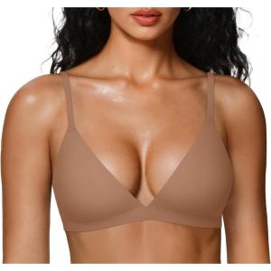 OEAK Womens Comfortable Triangle Bras No Underwire Sexy Plunge Unlined Bralette Pull On Bra Seamless Everyday Tshirt Bras(Latte)