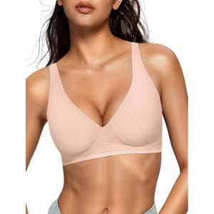 OEAK Womens Deep V Bras Wireless Comfortable Bra Supportive No Underwire Bras Tshirt Push Up Bralettes Plunge Seamless Bra(Cool Nude)