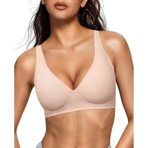 OEAK Womens Deep V Bras Wireless Comfortable Bra Supportive No Underwire Bras Tshirt Push Up Bralettes Plunge Seamless Bra(Jacquard Nude)
